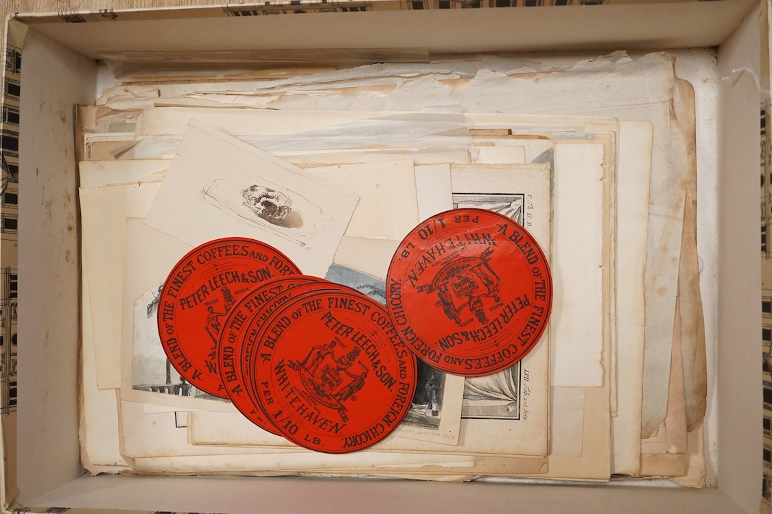 A group of hand coloured engravings, to include a heraldic example, trade advertisement labels and pen and ink and watercolour sketches, 18th/19th century